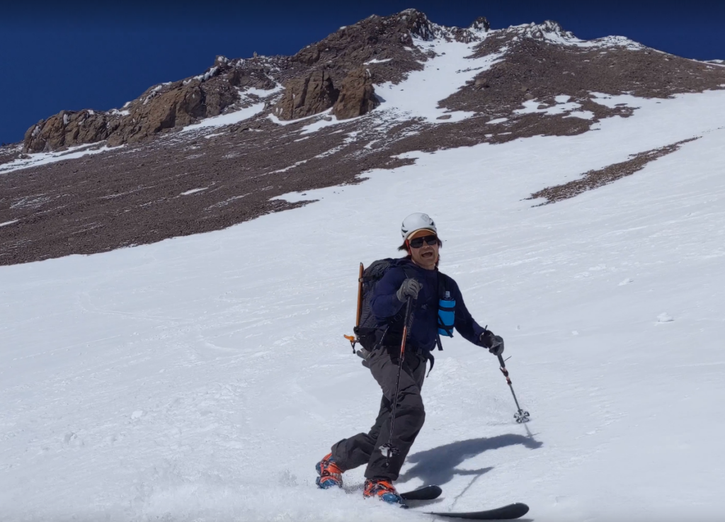 Backcountry skiing down Mt Shasta